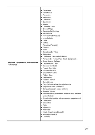 Máquinas, Equipamentos, Instrumentos e
Ferramentas
Trena Laser
Trena Manual
Terrômetro
Megômetro
Ohmímetro
Cossifímetro
Alicates
Chaves De Fenda
Chaves Philips
Canivetes De Eletricista
Serra Manual
Tarraxa Para Eletrodutos
Linha De Bater
Limas
Martelo
Talhadeira (Pontalete)
Ponteira
Níveis
Dobradores De Tubos
Rebitadeira
Cortador De Tubo Rotativo Manual
Prensador De Terminal Para Ilhós E Compressão
Chave Detector De Fase
Cavadeira Com Cabo
Alavanca Com Cabo
Picareta Com Cabo
Enxada Com Cabo
Enxadão Com Cabo
Pá Com Cabo
Parafusadeira
Furadeira Manual
Serra Mármore
Ferro De Soldar 400 W Tipo Machadinha
Máquina De Solda Exotérmica
Computadores com acesso a internet
Soprador Térmico
Softwares básico de escritório (editor de texto, planilhas,
apresentações)
Kit multimídia (projetor, tela, computador, caixa de som)
Lousa digital
Calculadora
Tablet
Impressora
Roto Laser
Alicate Amperímetro Classe III
Multímetro Classe III
Luxímetro
135
 