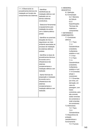 1.1 .3 Observando os
procedimentos técnicos de
instalação em função dos
componentes dos sistemas.
- Identificar
interferências da
instalação elétrica a ser
realizada com os
demais sistemas
construtivos.
- Selecionar ferramentas
e equipamentos para
instalação de acordo
com o sistema elétrico
predial.
- Identificar as possíveis
situações de risco à
segurança e ao meio
ambiente associadas ao
processo de instalação
de sistemas elétricos
prediais
- Identificar os tipos de
procedimentos técnicos
de acordo com a
infraestrutura dos
sistemas
complementares e
instalação elétrica a ser
realizada
- Aplicar técnicas de
preparação e instalação
de acordo com a
infraestrutura dos
sistemas
complementares e
instalação elétrica a ser
realizada.
6. MEMORIAL
DESCRITIVO
6.1 Definição
6.2 Composição
6.2.1 Memória
de Cálculo
6.2.2
Especificações
Técnicas dos
materiais e
componentes
7. MATERIAIS E
COMPONENTES
7.1 Condutores
elétricos
7.1.1 Tipos
7.1.2
Características
(unipolares,
multipolares,
isolados e nus)
7.1.3 true
7.1.4 Tipos
7.1.5
Características
(unipolares,
multipolares,
isolados e nus)
7.1.6 Conexões
(plugs e
conectores)
7.1.7 Emendas
(em linha, em
derivação, em
caixa de
passagem, com
bases
conectoras, para
alta corrente,
soldar emendas
de condutores e
isolar emendas
de condutores)
7.2 Eletrodutos
7.2.1 Tipos
7.2.2
Características
7.3 Dispositivos de
proteção:
características e
funcionamento
7.3.1 Fusíveis
145
 