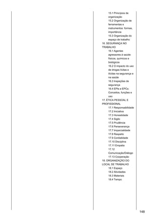 15.1 Princípios de
organização
15.2 Organização de
ferramentas e
instrumentos: formas,
importância
15.3 Organização do
espaço de trabalho
16. SEGURANÇA NO
TRABALHO
16.1 Agentes
agressores à saúde:
físicos, químicos e
biológicos
16.2 O impacto do uso
de drogas lícitas e
ilícitas na segurança e
na saúde
16.3 Inspeções de
segurança
16.4 EPIs e EPCs:
Conceitos, funções e
uso
17. ÉTICA PESSOAL E
PROFISSIONAL
17.1 Responsabilidade
17.2 Iniciativa
17.3 Honestidade
17.4 Sigilo
17.5 Prudência
17.6 Perseverança
17.7 Imparcialidade
17.8 Respeito
17.9 Cordialidade
17.10 Disciplina
17.11 Empatia
17.12
Comunicação/Diálogo
17.13 Cooperação
18. ORGANIZAÇÃO DO
LOCAL DE TRABALHO
18.1 Espaço
18.2 Atividades
18.3 Materiais
18.4 Tempo
148
 