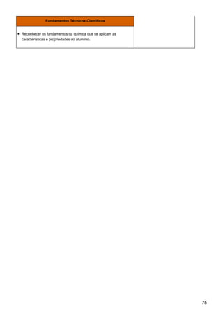 Fundamentos Técnicos Científicos
Reconhecer os fundamentos da química que se aplicam as
características e propriedades do alumínio.
75
 