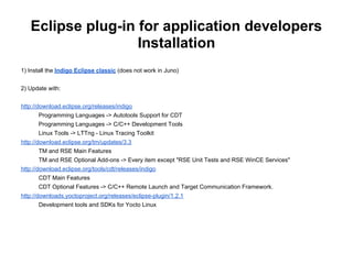 Eclipse plug-in for application developers
                   Installation
1) Install the Indigo Eclipse classic (does not work in Juno)


2) Update with:


http://download.eclipse.org/releases/indigo
      Programming Languages -> Autotools Support for CDT
      Programming Languages -> C/C++ Development Tools
      Linux Tools -> LTTng - Linux Tracing Toolkit
http://download.eclipse.org/tm/updates/3.3
      TM and RSE Main Features
      TM and RSE Optional Add-ons -> Every item except "RSE Unit Tests and RSE WinCE Services"
http://download.eclipse.org/tools/cdt/releases/indigo
      CDT Main Features
      CDT Optional Features -> C/C++ Remote Launch and Target Communication Framework.
http://downloads.yoctoproject.org/releases/eclipse-plugin/1.2.1
      Development tools and SDKs for Yocto Linux
 