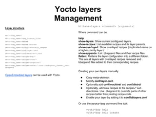 Yocto layers
                                              Management
                                                                 bitbake-layers <command> [arguments]
Layer structure
                                                                 Where command can be:
meta-<bsp_name>/
meta-<bsp_name>/<bsp_license_file>                               help
meta-<bsp_name>/README                                           show-layers: Show current configured layers.
meta-<bsp_name>/README.sources                                   show-recipes: List available recipes and its layer parents.
meta-<bsp_name>/binary/<bootable_images>                         show-overlayed: Show overlayed recipes (duplicated name on
meta-<bsp_name>/conf/layer.conf                                  a higher priority layer)
meta-<bsp_name>/conf/machine/*.conf                              show-appends: List .bbappend files and their recipe files.
meta-<bsp_name>/recipes-bsp/*                                    flatten: Flattens the layer configuration into a different folder.
meta-<bsp_name>/recipes-core/*                                   This are all layers with overlayed recipes removed and .
meta-<bsp_name>/recipes-graphics/*                               bbappend files added to their corresponding recipes.
meta-<bsp_name>/recipes-kernel/linux/linux-yocto_<kernel_rev>.
bbappend

                                                                 Creating your own layers manually
OpenEmbedded layers can be used with Yocto.
                                                                  ●     Copy meta-skeleton
                                                                  ●     Modify conf/layer.conf.
                                                                  ●     Optionally add conf/machine/ and conf/distro/
                                                                  ●     Optionally, add new recipes to the recipes-* sub
                                                                        directories. Use .bbappend to override parts of other
                                                                        recipes better than pasting recipe code.
                                                                  ●     Enable your layer by adding it to conf/bblayers.conf

                                                                 Or use the yocto-bsp command line tool:

                                                                        yocto-bsp help
                                                                        yocto-bsp help create
 