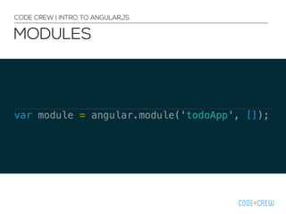 MODULES
CODE CREW | INTRO TO ANGULARJS
 