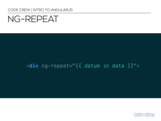 NG-REPEAT
CODE CREW | INTRO TO ANGULARJS
 