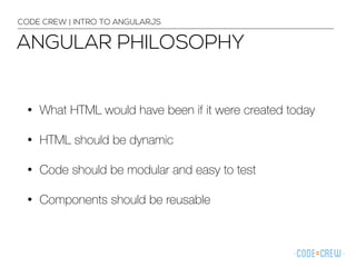 ANGULAR PHILOSOPHY
CODE CREW | INTRO TO ANGULARJS
• What HTML would have been if it were created today
• HTML should be dynamic
• Code should be modular and easy to test
• Components should be reusable
 