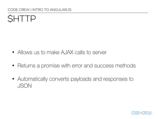 $HTTP
CODE CREW | INTRO TO ANGULARJS
• Allows us to make AJAX calls to server
• Returns a promise with error and success methods
• Automatically converts payloads and responses to
JSON
 