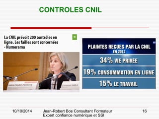 10/10/2014 Jean-Robert Bos Consultant Formateur 
Expert confiance numérique et SSI 
16 
CONTROLES CNIL  