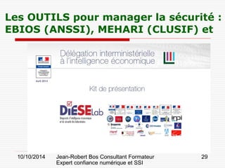 10/10/2014 Jean-Robert Bos Consultant Formateur 
Expert confiance numérique et SSI 
29 
Les OUTILS pour manager la sécurité : EBIOS (ANSSI), MEHARI (CLUSIF) et  