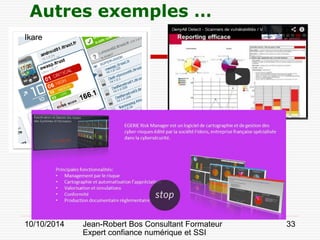 10/10/2014 Jean-Robert Bos Consultant Formateur 
Expert confiance numérique et SSI 
33 
Autres exemples … 
Ikare  