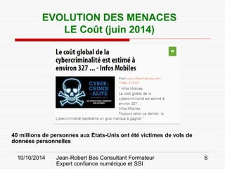10/10/2014 Jean-Robert Bos Consultant Formateur 
Expert confiance numérique et SSI 
6 
40 millions de personnes aux Etats-Unis ont été victimes de vols de données personnelles 
EVOLUTION DES MENACES 
LE Coût (juin 2014)  