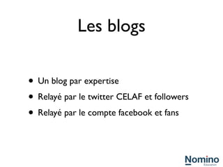 Les blogs

• Un blog par expertise
• Relayé par le twitter CELAF et followers
• Relayé par le compte facebook et fans
 