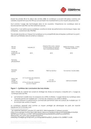 Le numérique pour les petites et moyennes industries 10
©Chambre de commerce et d’industrie Marseille-Provence
Le numérique apparaît ainsi comme un moyen privilégié de développer les parts de marché
rapidement et à moindre coût.
L’impact positif de l’intégration du numérique sur la croissance du chiffre d’affaire ou la rentabilité des
PME est également confirmé :
• par l’étude du BCG 2 « Ahead of the curve : Lessons on technology and growth from small-
business leaders », publiée fin 2013, qui montre que le numérique permet d’augmenter de 13 à 15
point la croissance du chiffre d’affaire ;
• par l’étude Cap Gemini/ Massachusset Institute of Technology : « Embracing Digital Technology -
A New Strategic Imperative3 », publiée en 2013, dans laquelle les auteurs estiment que les
entreprises utilisant fortement le numérique génèrent un bénéfice supérieur à 26%.
2 Boston Consulting Group : MICHAEL David, AGGARWAL Neeraj, KENNEDY Derek, WENSTRUP john,
RÜẞMANN Michael, BORNO Ruba, CHEN Julia, BEZERRA Julio, Ahead of the curve : Lessons on
technology and groth from small-business leaders, juillet 2013, téléchargeable à l’adresse suivante :
https://www.bcgperspectives.com/content/articles/technology_software_globalization_ahead_curve_l
essons_technology_growth_small_business_leaders/
3 Consulting et du Massachusset Institute of Technology : FITZGERALD Michael, KRUSCHWITZ Nina,
BONNET Didier, WELCH Michael, Embracing Digital Technology - A New Strategic Imperative,
2013,téléchargeable à l’adresse suivante : http://www.capgemini-
consulting.com/sites/default/files/resource/pdf/embracing_digital_technology_a_new_strategic_imper
ative.pdf
En résumé
Les trois études présentées précédemment convergent vers le constat suivant : l’intégration des
usages du numérique est un facteur clés de compétitivité pour les petites et moyennes industries. Il
contribue fortement à la croissance du chiffre d’affaire et de la rentabilité de l’entreprise. Il constitue
donc un composant essentiel de la stratégie d’une PMI.
Le chapitre suivant permet de dresser un état des lieux niveau d’usage actuel du numérique dans les
PMI en Europe, en France et dans la région PACA.
 