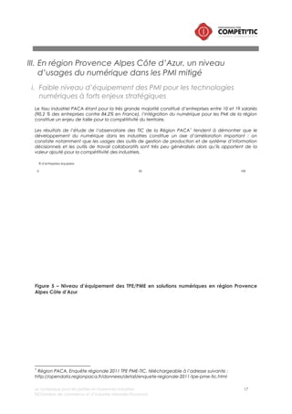 Le numérique pour les petites et moyennes industries 17
©Chambre de commerce et d’industrie Marseille-Provence
ii. En PACA, des niveaux d’usages du numérique disparates d’une
filière industrielle à l’autre
Six filières représentatives ont été identifiées par Méditerranée technologie, la Région Provence Alpes
Côte d’Azur et OSEO dans l’étude «Eléments quantitatifs de diagnostic pour la définition de la Stratégie
Régionale de l’Innovation en PACA ».
Filières Caractéristiques
Métallurgie et
mécanique
• 1er employeur industriel avec 17,6 % des emplois industriels
• Majoritairement constitué de PME (de 10 à 49 salariés)
Agroalimentaire
• 2ème secteur industriel avec 16,8 % des emplois industriels
• Majoritairement constitué TPE et des PME.
• Faiblement ouvert à l’export (19,3 % contre 27 % en moyenne en PACA)
Aéronautique et
industrie navale
• 3 secteurs en matière d’emploi
• Présence de grands donneurs d’ordre
• L’exportation assure l’essentiel des débouchés (56,9 %)
Electronique
• Le secteur représente 13,8 % des effectifs
• La moitié du CA est réalisée à l’extérieur.
Pharmacie,
parfumerie,
produits
d’entretien
• La filière représente 4 % de l’emploi et constitue la filière avec le plus fort taux
de croissance
• Taux d’exportation : 26,5 %
• Le tissu d’entreprise est composé de 259 entreprises font partie du secteur
Energie,
carburants, eau
• Taux d’exportation supérieur à 80%
• Présence d’un grand projet structurant qui peut engendrer des externalités
positives: ITER.
En appliquant les résultats de l’étude de Booz&Co « Industry digitalization index » sur les filières
représentatives de la région PACA, il est possible de disposer d’une vision du niveau d’usage du
numérique par macro processus pour chacune des filières.
Notons toutefois que cette méthode repose sur une application stricte des résultats d’une étude dont le
périmètre est européen sur une échelle régionale. Il est probable, dans la réalité, que la situation des
PMI en PACA ne soit pas parfaitement alignée avec les standards européens.
La déclinaison du niveau de digitalisation par macro processus et par filière industrielle fait apparaître
de fortes disparités présentées dans le tableau ci dessous :
 