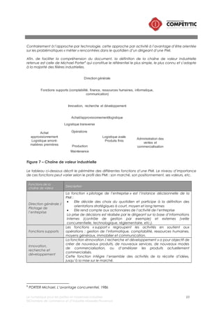 Le numérique pour les petites et moyennes industries 23
©Chambre de commerce et d’industrie Marseille-Provence
Fonctions de la
chaîne de valeur
Description
Achat /
approvisionnement
/ logistique
La fonction « Achat/approvisionnement/logistique » est composée de 4
familles d’activité :
• L’activité « achat et approvisionnement » vise à acquérir au meilleur
prix, dans les bonnes proportions et dans les meilleurs délais des
moyens de production et des matières premières nécessaires à
l’activité. Elle constitue l’interface de la PMI vis-à-vis de ses
fournisseurs.
• L’activité logistique amont / Matières premières intègre :
o La réception des livraisons
o Le reconditionnement éventuel des matières premières dans la
perspective d’une meilleure intégration dans le processus de
production
o Le stockage des matières premières
• L’activité logistique transverse qui intègre la gestion/stockage des
produits semi-finis
• La logistique avale est composée d’une succession d’activités qui
s’étend de la réception des produits finis à l’expédition des
commandes chez le client ou le distributeur
Opérations
(production,
maintenance,
qualité,
planification)
Les opérations constituent par définition le cœur de métier de la PMI. Elles
intègrent quatre sous activités :
• La production : ensemble des étapes de transformation des matières
en premières en produits semi finis ou finis,
• La maintenance : ensemble des actions visant à maintenir en
condition opérationnelle l’appareil de production,
• La planification : affectation dans le temps des ressources en fonction
du carnet de commande,
• La qualité : contrôle de l’adéquation du produit en bout de chaîne
de production avec les caractéristiques et les propriétés des produits.
Administration des
ventes et
commercialisation
La fonction administration des ventes (ADV) et service après-vente (SAV)
supervise les opérations de gestion des contrats de vente, depuis
l’enregistrement des commandes jusqu’à la livraison aux clients.
Cette fonction gère le contact client et la commercialisation des produits
(dont la facturation et le recouvrement).
 