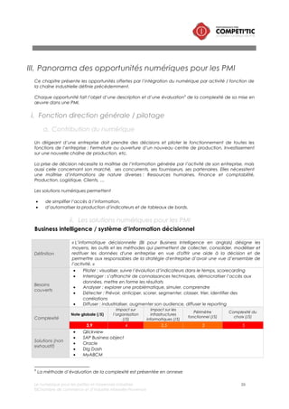 Le numérique pour les petites et moyennes industries 26
©Chambre de commerce et d’industrie Marseille-Provence
Plateforme de veille stratégique et concurrentielle
Définition
Outils qui centralisent les moteurs de recherche, les pages web, les flux RSS, les
formulaires et les rédactionnels sur les réseaux sociaux
Besoins
couverts
• Recueil d’information
• Tri/classification
• Traitement de l’information (modification)
• Rediffusion
Complexité
Note globale (/5)
Impact sur
l’organisation
(/5)
Impact sur les
infrastructures
informatiques
(/5)
Périmètre
fonctionnel (/5)
Complexité du
choix (/5)
1 1 1 1 1
Solutions (non
exhaustif)
• Google Alerte
• Net vibes
• Pealtrees
• Scoop It
• WebSiteWatcher
• KB Crawl
• Copernic tracker
• Wysigot
ii. Fonctions supports
a. Contribution du numérique
Au-delà des nombreuses activités cœur de métiers (production, approvisionnement, vente, etc.), la PMI
doit également gérer un ensemble de tâches administratives (comptabilité/gestion des ressources
humaines), travailler sa communication interne et externe et organiser les échanges entre les différentes
fonctions de l’entreprise.
Les sujets concernés par le numérique sont les suivants les suivants :
• Réduction de la charge administrative à non valeur ajoutée,
• Réponse aux obligations d’information réglementaire (notamment les déclarations sociales et
fiscales),
• Fluidification des échanges / améliorer la transversalité dans l’entreprise,
• Amélioration de la communication, création de nouveaux canaux de commercialisation.
 