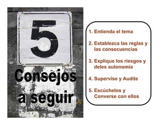 1. Entienda el tema

2. Establezca las reglas y
   las consecuencias

3. Explique los riesgos y
   deles autonomía

4. Supervise y Audite

5. Escúchelos y
   Converse con ellos
 