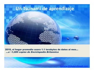 Un Tsunami de aprendizaje
        Un Tsunami de aprendizaje




2010,
2010 el hogar promedio usara 1 1 terabytes de datos al mes…
                             1.1                       mes…
…o ~1,000 copias de Enciclopedia Britannica




                                              rsalazar@ideaworksweb.com
 