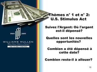 Thèmes n° 1 et n° 2: U.S. Stimulus Act  Suivez l’Argent: Où l'argent est-il dépensé? Quelles sont les nouvelles opportunités?   Combien a été dépensé à cette date? Combien reste-il  à  allouer?  