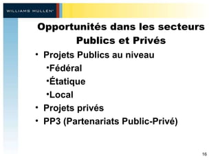 Opportunités dans les secteurs Publics et Privés Projets Publics au niveau Fédéral Étatique Local Projets privés   PP3 (Partenariats Public-Privé)   