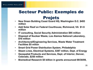 Secteur Public: Exemples de Projets New Green Building Coast Guard HQ, Washington D.C. $493 million Add Solar Roof on Federal Courthouse, Richmond, VA  $1-5 million IT consulting, Social Security Administration $95 million Disposal of Nuclear Waste, Los Alamos National Laboratory, $10 million Architectural/Engineering Services, Waste Water Treatment Facilities $5 milion Smart Grid Power Distribution System, Philadelphia Steam Lines, Electrical Systems, $387 million, Dept. of Energy Geospatial Products and Services, Dept. of Interior, Denver, Colorado, $250 million Biomedical Research $5 billion in grants announced 09/30/09,  