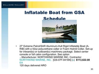 Inflatable Boat from GSA Schedule 27' Extreme Patrol/SAR Aluminum-Hull Rigid Inflatable Boat (A-RIB) with a 42oz polyurethane collar or Foam Hybrid Collar. Set-up for inboard(s) or outboard(s) machinery package. Select center console or full cabin configuration. See option ...Manufacturer: NORTHWIND MARINE INC. Contractor:  NORTHWIND MARINE, INC.   [GS-07F-0416N] ( s )  $113,622.00   EA 120 days delivered ARO 