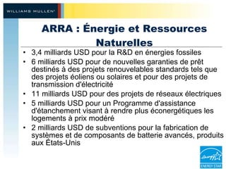 ARRA : Énergie et Ressources Naturelles <ul><li>3,4 milliards USD pour la R&D en énergies fossiles </li></ul><ul><li>6 mil...