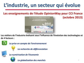 L’industrie, un secteur qui évolue
7
Les enseignements de l’étude OpinionWay pour CCI France
(octobre 2013)
Les métiers de l’industrie évoluent sous l’influence de l’évolution des technologies et
de 4 facteurs :
La prise en compte de l’environnement
La recherche de différenciation
La numérisation de l’économie
La globalisation des marchés
 