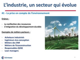 L’industrie, un secteur qui évolue
8
#1 - La prise en compte de l’environnement
Enjeux :
- La raréfaction des ressources
- L’intégration du développement durable
Exemples de métiers porteurs :
- Acheteurs industriels
- Ingénieurs éco-conception
- Métiers des ENR
- Métiers de l’écoconstruction
- Responsables QHSE
- Lean managers
 