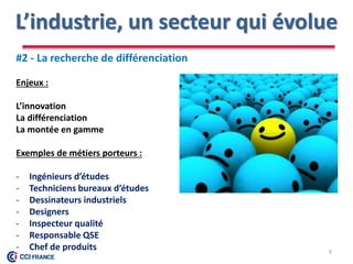 L’industrie, un secteur qui évolue
9
#2 - La recherche de différenciation
Enjeux :
L’innovation
La différenciation
La montée en gamme
Exemples de métiers porteurs :
- Ingénieurs d’études
- Techniciens bureaux d’études
- Dessinateurs industriels
- Designers
- Inspecteur qualité
- Responsable QSE
- Chef de produits
 