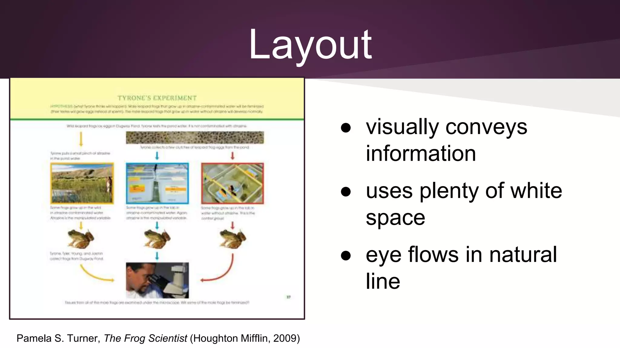 Layout
● visually conveys
information
● uses plenty of white
space
● eye flows in natural
line
Pamela S. Turner, The Frog Scientist (Houghton Mifflin, 2009)
 