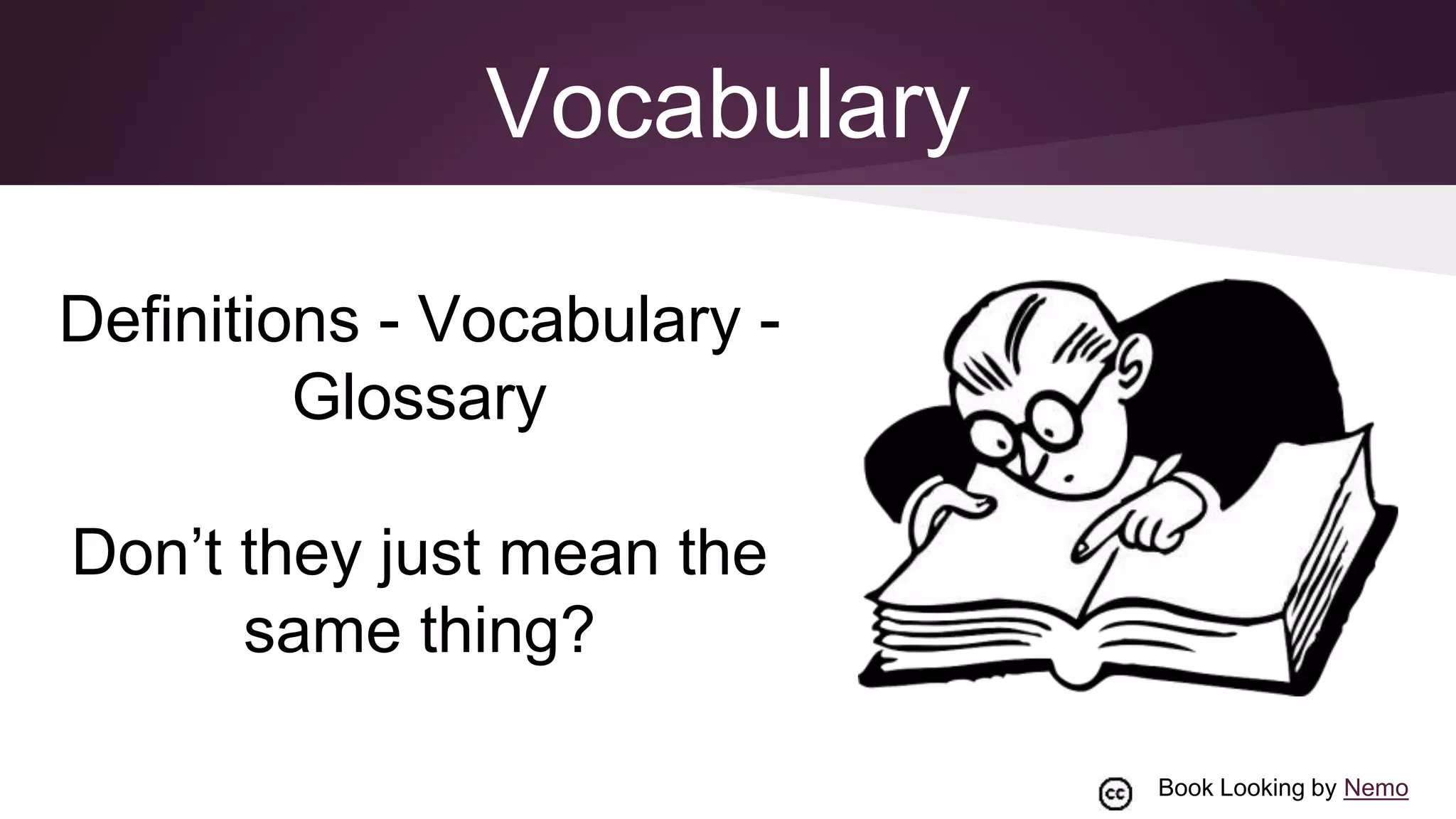 Vocabulary
Definitions - Vocabulary -
Glossary
Don’t they just mean the
same thing?
Book Looking by Nemo
 