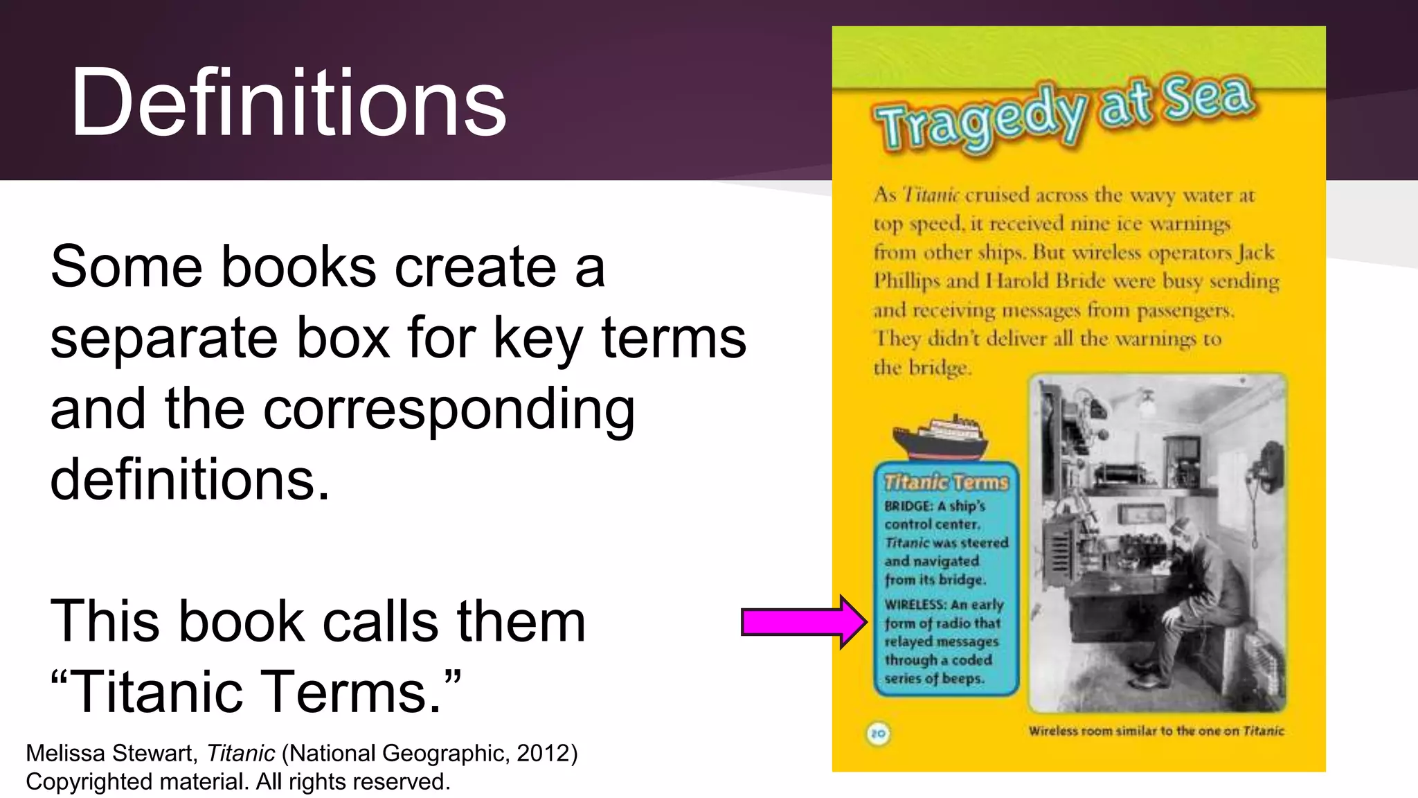 Some books create a
separate box for key terms
and the corresponding
definitions.
This book calls them
“Titanic Terms.”
Melissa Stewart, Titanic (National Geographic, 2012)
Copyrighted material. All rights reserved.
Definitions
 