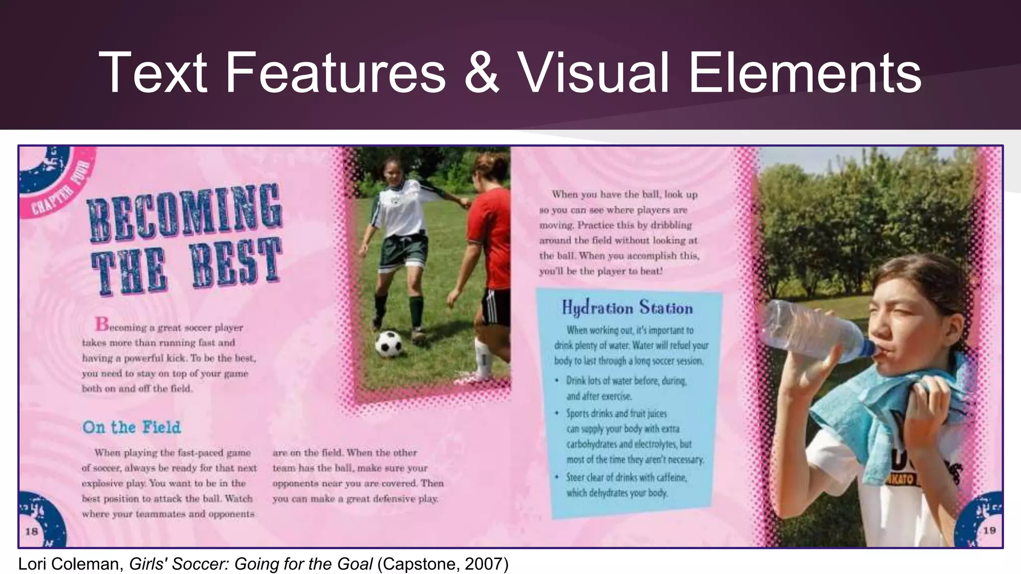 Text Features & Visual Elements
Lori Coleman, Girls' Soccer: Going for the Goal (Capstone, 2007)
 