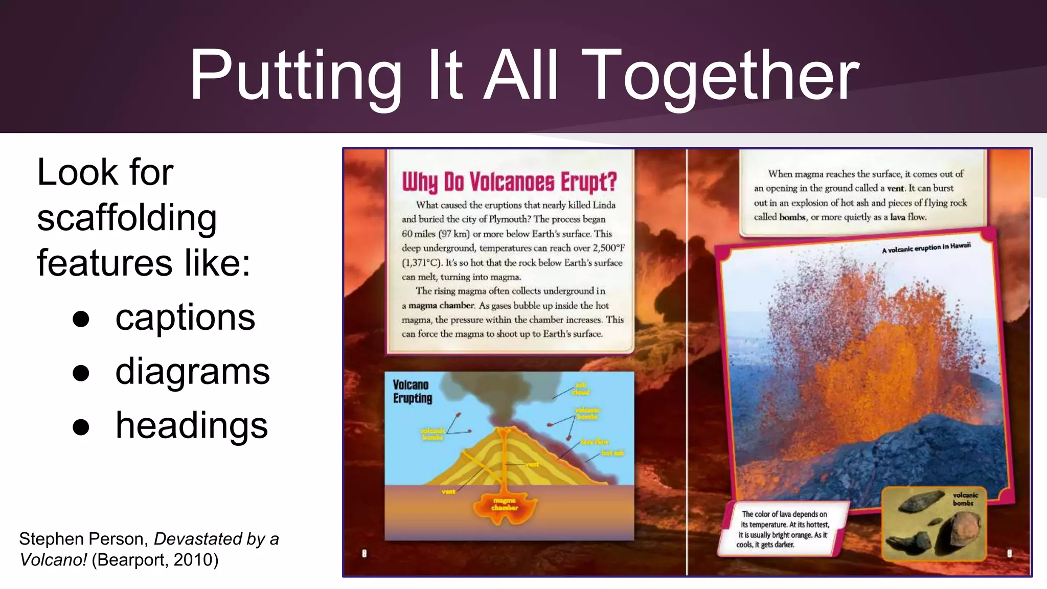 Putting It All Together
Stephen Person, Devastated by a
Volcano! (Bearport, 2010)
Look for
scaffolding
features like:
● captions
● diagrams
● headings
 