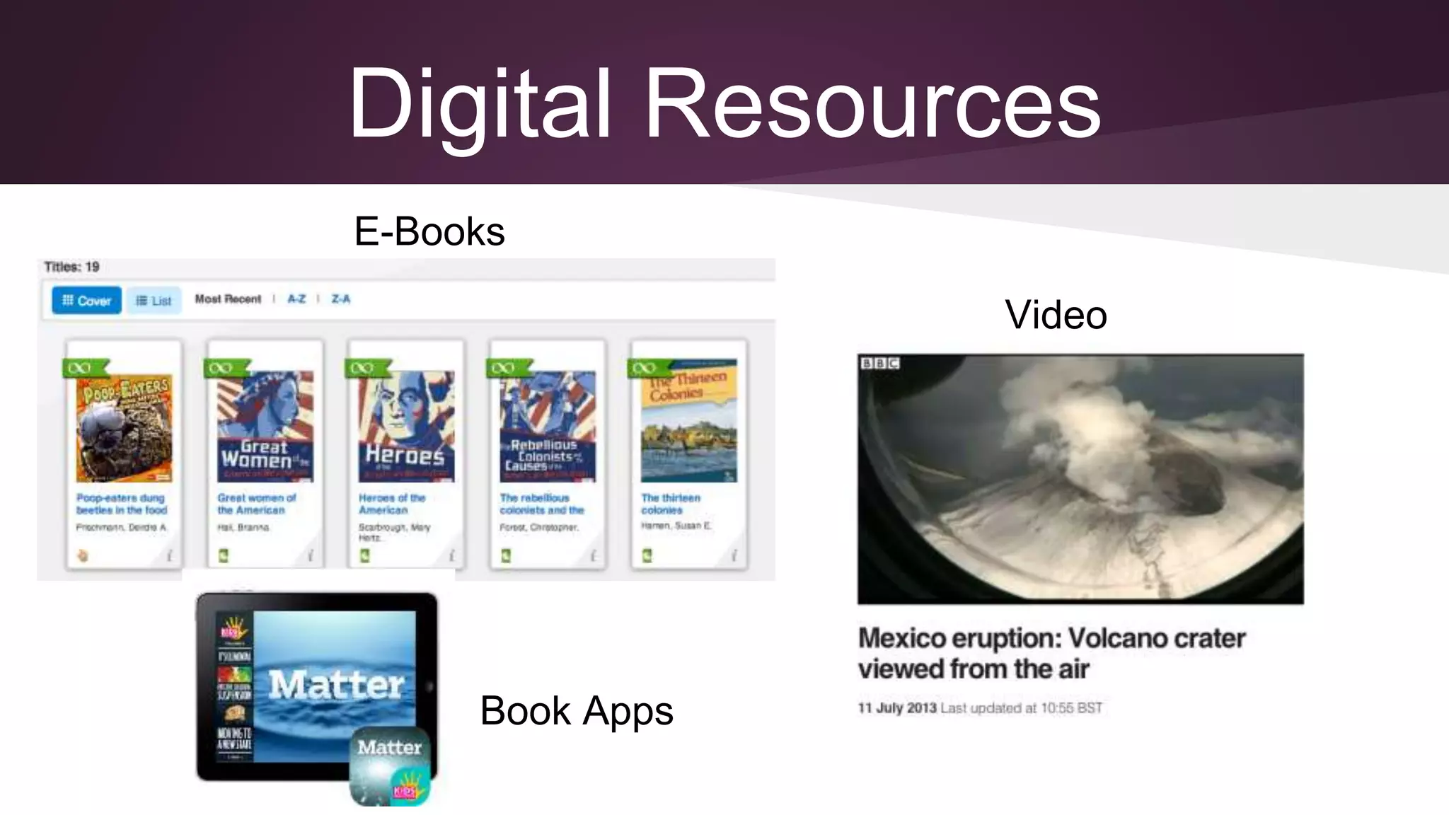 Digital Resources
E-Books
Book Apps
Video
 