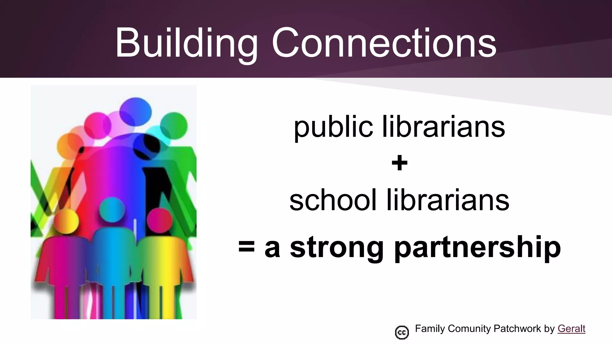 Building Connections
public librarians
+
school librarians
= a strong partnership
Family Comunity Patchwork by Geralt
 
