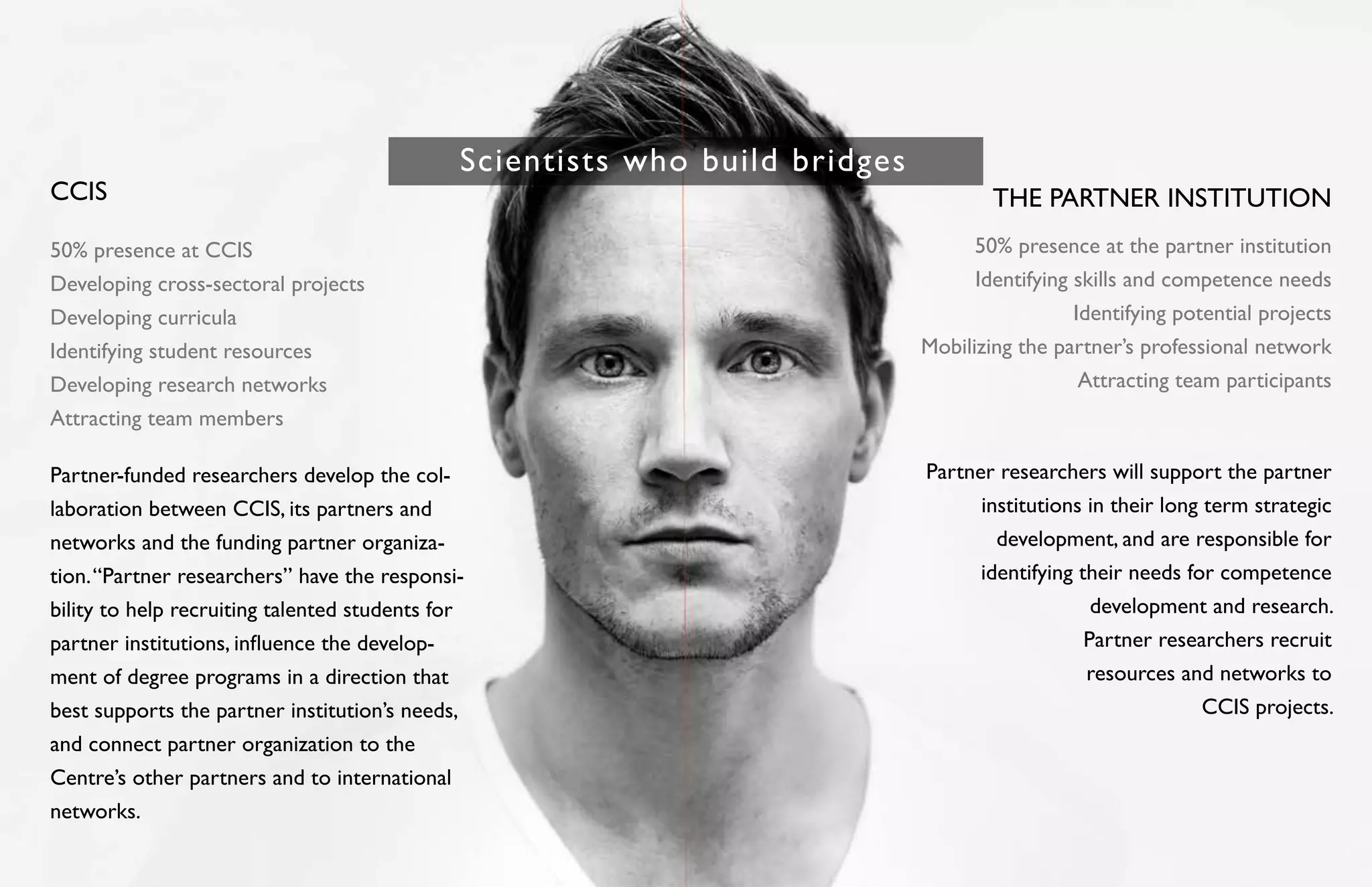 30 31 
CCIS 
50% presence at CCIS 
Developing cross-sectoral projects 
Developing curricula 
Identifying student resources 
Developing research networks 
Attracting team members 
Partner-funded researchers develop the col-laboration 
between CCIS, its partners and 
networks and the funding partner organiza-tion. 
“Partner researchers” have the responsi-bility 
to help recruiting talented students for 
partner institutions, influence the develop-ment 
of degree programs in a direction that 
best supports the partner institution’s needs, 
and connect partner organization to the 
Centre’s other partners and to international 
networks. 
Scientists who build bridges 
THE PARTNER INSTITUTION 
50% presence at the partner institution 
Identifying skills and competence needs 
Identifying potential projects 
Mobilizing the partner’s professional network 
Attracting team participants 
Partner researchers will support the partner 
institutions in their long term strategic 
development, and are responsible for 
identifying their needs for competence 
development and research. 
Partner researchers recruit 
resources and networks to 
CCIS projects. 
 