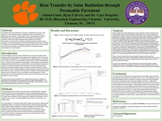 Heat Transfer by Solar Radiation through
Permeable Pavement
Ashton Guest, Ryan Calvert, and Dr. Caye Drapcho
BE 4120, Biosystem Engineering, Clemson University,
Clemson, SC, 29674
Abstract
An Important part of all construction is the type of materials that are used. In this
experiment, we will test and observe the effects that color and material play on
absorbance and emissivity. In order to gain a better understanding of the effect a
material can have on the heat transfer from solar radiation a simple test was
conducted. While using HOBO temperature instrumentation and infrared
thermometers, we introduced four different permeable pavement samples to heavy
sunlight on a hot day and analyzed the temperature change at the surface and beneath
the material. By comparing the temperature changes of each surface, we can analyze
and determine the qualities of a material that will serve the greatest purpose
economically and environmentally.
Introduction
Thermal radiation is the form of heat transfer that occurs by electromagnetic waves
between surfaces. Solar radiation is the energy that is released from the sun and can
be measured in Watts/meters2. This radiation flux, also called irradiance, is annotated
with G. About 1370 W/m2 of solar radiation reaches the top of earth’s atmosphere and
can be measured at the surface with a pyranometer.. Solar radiation can be absorbed,
reflected and transmitted through a material. Most of the solar radiation that strikes the
surface of a material is absorbed at the surface and converted to heat that is then
transferred through the material through conduction. By using the equation in figure 1,
the net heat flux due to radiation between an object exposed to the sun and sky can be
calculated and used to understand the properties of a material. A material that absorbs
large amounts of heat from the sun can be used to save energy costs in a colder
environment while a material that does not absorb very much heat from the sun would
be better in a hot environment.
By observing the surface temperature of a material after exposure to sunlight, the
absorbance of the material can be analyzed to gain a better understanding of it. By
also taking the temperature beneath the material, the ability of the material to convert
the electromagnetic waves to heat can be observed.
Methods
The permeable pavement tested in the experiment is made by SureSet. SureSet is
company located in the uk that specializes in design of permeable pavement that is
high in quality with goals in sustainability. The pavement samples used were all made
of medium texture materials that were designed for footpaths and driveways. The four
samples chosen varied in color being, Meadow Green, Bronze, Golden Pearl, and
Atlantic (blue).
For Data collection a 4-Channel Analog HOBO Logger was used with 6’ stainless steel
temperature probes. The probes were placed directly under the pavement samples
with insulation material underneath. The data was logged with the HOBO Micro Station
software, and the surface temperatures were recorded every 5 minutes. The
experiment was conducted over a 30 minute time interval. To obtain an irradiance
value, a HOBO pyranometer sensor was placed beside the experimental setup.
To model the experiment, total energy transfer was simulated with Stella Architect
software and displayed in the figures. .
Results and Discussion Analysis
Figure 2 shows the surface temperature of each pavement as they increase from the
solar radiation. When the electromagnetic waves from the sun hit the surface of the
pavement the radiation is slowly converted to heat that is then transferred through the
material by convection. At about 20 minutes the Golden Pearl and Bronze samples that
were made of aggregate appear to reach steady state. About 5 minutes later at 25
minutes the Meadow green and Atlantic samples, which were made of recycled
material, appear to reach steady state. At these times the surface temperature drops
and in figure 3, which shows the temperature below the pavement, the temperature
begins to plane off. This shows that it took longer for the polymer like recycled material
to conduct the radiation through compared to the mixture of pebble aggregate which
took about 5 minutes less. Interestingly the meadow green pavement reached the
highest surface temperature but maintained the second lowest temperature beneath
very steadily. The green material quality allows a higher absorbance but also results in
a high emissivity value and keeps the material from getting as hot. As most plants are
green, this is most likely what allows them to use the sun's energy so efficiently.
Figure 4 shows the data from the pyranometer throughout the course of the
experiment. About 20 minutes in, the irradiance jumped up almost 200 W/m2 and stays
there the rest of the time. This most likely was from a cloud being in front of the sun
when the experiment started.
In figure 5 we estimated the values of absorptivity and emissivity based on similar
materials and colors and calculated the heat flux due to the radiation for each of the
samples that we used. The estimates accurately represent the results that we obtained.
Conclusion
The goal was of the experiment was to determine how the different types of SureSet
permeable pavement absorb solar radiation when in the sun. When designing an area
where permeable pavement is needed it is important to think about how the radiation
from the sun will affect the area. During the experiment SureSet’s “ Golden Pearl”
pavement kept the lowest heat flux throughout testing. The pavement colored “Atlantic”
had the highest heat flux throughout. Looking at these results we have a better idea of
which direction to go in when designing a paved area such as a city parking lot. From
the results golden pearl pavement should be used in hot areas that would benefit from
retaining less energy from the sun. In cooler areas, Atlantic pavement would be a
better choice in order to benefit from the higher amount of absorbed solar radiation.
Correctly recognizing this energy difference when designing can save several degrees
in average temperature in either direction, saving money used to control temperature in
other ways.
References
Drapcho, Caye. Unpublished notes: Lecture 16: Radiation; Clemson University,2018.
Absorbed Solar Radiation, www.engineeringtoolbox.com/solar-radiation-absorbed-
materials-d_1568.html.
Acknowledgements
Dr. Caye Drapcho
q”=𝝰SG+𝛆𝛔(Tsky
4-TS
4)
Figure 1: Heat Flux equation due to radiation between an object exposed to the sun and sky
Figure 2: Surface temperature of each material over time once exposed to direct sunlight
Figure 3: Temperature underneath pavement over the same time period
Figure 4: Irradiance (G) value during experiment
Figure 5: Estimated net heat flux (q”)
from solar radiation
 