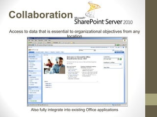 Collaboration
Access to data that is essential to organizational objectives from any
                               location




           Also fully integrate into existing Office applications
 