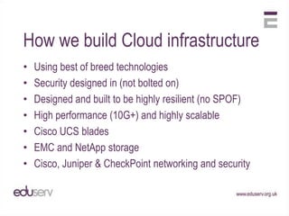 How we build Cloud infrastructure
•   Using best of breed technologies
•   Security designed in (not bolted on)
•   Designed and built to be highly resilient (no SPOF)
•   High performance (10G+) and highly scalable
•   Cisco UCS blades
•   EMC and NetApp storage
•   Cisco, Juniper & CheckPoint networking and security
 
