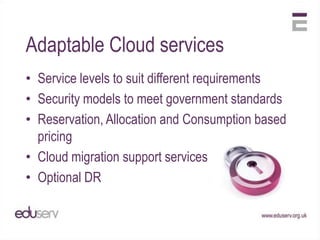 Adaptable Cloud services
• Service levels to suit different requirements
• Security models to meet government standards
• Reservation, Allocation and Consumption based
  pricing
• Cloud migration support services
• Optional DR
 