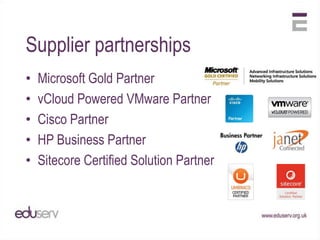 Supplier partnerships
•   Microsoft Gold Partner
•   vCloud Powered VMware Partner
•   Cisco Partner
•   HP Business Partner
•   Sitecore Certified Solution Partner
 