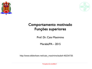 Funções do encéfalo I
Comportamento motivado
Funções superiores
Prof. Dr. Caio Maximino
Marabá/PA – 2015
http://www.slideshare.net/caio_maximino/aula4-46234735
 