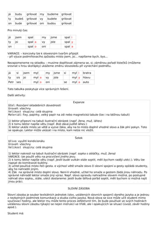 já     budu         grilovat     my      budeme        grilovat
ty     budeš        grilovat     vy      budete        grilovat
on     bude         grilovat     oni     budou         grilovat

Pro minulý čas:

já     jsem         spal           my         jsme       spal i
ty     jsi          spal a         vy         jste       spal y
on                  spal o         oni                   spal a

VARIACE: - koncovky lze k slovesným tvarům připojit
- při výuce podmiňovacího způsobu místo jsem, jsi... napíšeme bych, bys...

Nezapomeneme na skladbu – musíme doplňovat zájmena se, si; záměnou pořadí lístečků (můžeme
srovnat s hrou skořápky) ukážeme změnu slovosledu při vynechání podmětu.

já      si    jsem         myl          my      jsme    si        myl i     bratra
ty      sis   jsi          myl a        vy      jste              myl y     hlavu
Petr    ses                myl o        oni             se        myl a     auto

Tato tabulka poskytuje více správných řešení.

Další aktivity:

                                                 Expanze
Účel: Rozvíjení skladebních dovedností
Úroveň: všechny
Velikost skupiny: celá skupina
Materiál: fixy, papírky, velký papír na zdi nebo magnetická tabule (lze i na běžnou tabuli)

1) lektor připevní na tabuli ilustrační obrázek (např. žena, muž, láhev)
2) k tomu lektor napíše větu (např. Bob dává Juditě láhev.)
3) lektor ukáže místo ve větě a vyzve žáka, aby na to místo doplnil vhodné slovo a žák plní pokyn. Toto
se opakuje. Lektor může ukázat i na místo, kam nelze nic vložit.

                                                                    Šotek
Učivo: využití kondicionálu
Úroveň: všechny
Velikost skupiny: celá skupina

1) lektor nakreslí na tabuli ilustrační obrázek (např. sopka s obláčky, muž, žena)
VARIACE: lze použít větu na procvičení jiného jevu.
2) k tomu lektor napíše větu (např. Jestli bude vulkán stále soptit, měli bychom raději utéci.). Větu lze
napsat do komiksové bubliny.
3) učitel používá místo řeči gesta. e výchozí větě smaže slovo či slovní spojení a gesty opžádá studenty,
aby ho nahradili jiným.
4) Žák na správné místo doplní slovo. Není-li vhodné, učitel ho smaže a gestem žádá jinou náhradu. Po
správné náhradě lektor smaže jiný výraz. Např. slovo opravdu nahradíme slovem možná, po postupné
náhraě slov sopka,, stále, utéct dostaneme: Jestli bude šéfová pořád soptit, měli bychom si možná najít
jinou práci.

                                                             SLOVNÍ ZÁSOBA

Slovní zásoba je soubor lexikálních jednotek (slov, ustálených slovních spojení) daného jazyka a je jednou
z nezbytných podmínek komunikace a studia cizího jazyka. Nová slova se sice může učit student mimo
vyučovací hodiny, ale lektor mu může tento proces zefektivnit tím, že bude používat ve svých hodinách
ustálenou slovní zásobu týkající se nejen instrukcí ve třídě, ale i opakujících se situací (úvod, závěr hodiny
apod.).

Student má:
 