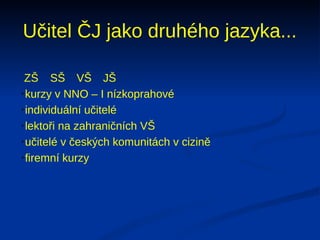 Učitel ČJ jako druhého jazyka...

 ZŠ SŠ VŠ JŠ

  kurzy v NNO – I nízkoprahové

  individuální učitelé

  lektoři na zahraničních VŠ

  učitelé v českých komunitách v cizině

  firemní kurzy
 
