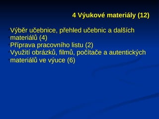 4 Výukové materiály (12)


 Výběr učebnice, přehled učebnic a dalších

 materiálů (4)

 Příprava pracovního listu (2)

 Využití obrázků, filmů, počítače a autentických

 materiálů ve výuce (6)
 