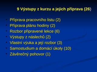 9 Výstupy z kurzu a jejich příprava (26)


    Příprava pracovního listu (2)

    Příprava plánu hodiny (2)

    Rozbor připravené lekce (6)

    Výstupy z náslechů (2)

    Vlastní výuka a její rozbor (3)

    Samostudium a domácí úkoly (10)

    Závěrečný pohovor (1)
 