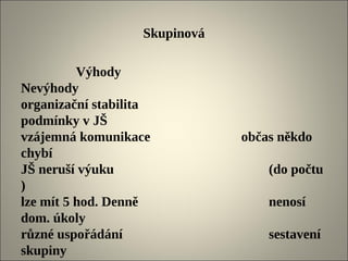 Skupinová

          Výhody
Nevýhody
organizační stabilita
podmínky v JŠ
vzájemná komunikace            občas někdo
chybí
JŠ neruší výuku                    (do počtu
)
lze mít 5 hod. Denně               nenosí
dom. úkoly
různé uspořádání                   sestavení
skupiny
 