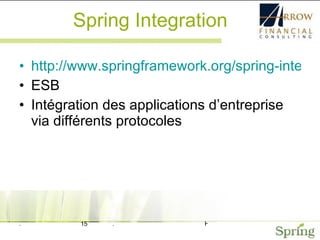 Spring Integration http://www.springframework.org/spring-integration ESB Intégration des applications d’entreprise via différents protocoles 