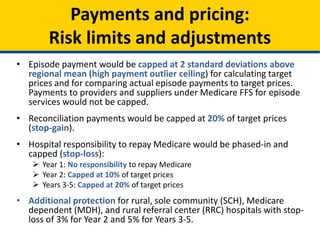 • Episode payment would be capped at 2 standard deviations above
regional mean (high payment outlier ceiling) for calculating target
prices and for comparing actual episode payments to target prices.
Payments to providers and suppliers under Medicare FFS for episode
services would not be capped.
• Reconciliation payments would be capped at 20% of target prices
(stop-gain).
• Hospital responsibility to repay Medicare would be phased-in and
capped (stop-loss):
 Year 1: No responsibility to repay Medicare
 Year 2: Capped at 10% of target prices
 Years 3-5: Capped at 20% of target prices
• Additional protection for rural, sole community (SCH), Medicare
dependent (MDH), and rural referral center (RRC) hospitals with stop-
loss of 3% for Year 2 and 5% for Years 3-5.
Payments and pricing:
Risk limits and adjustments
 